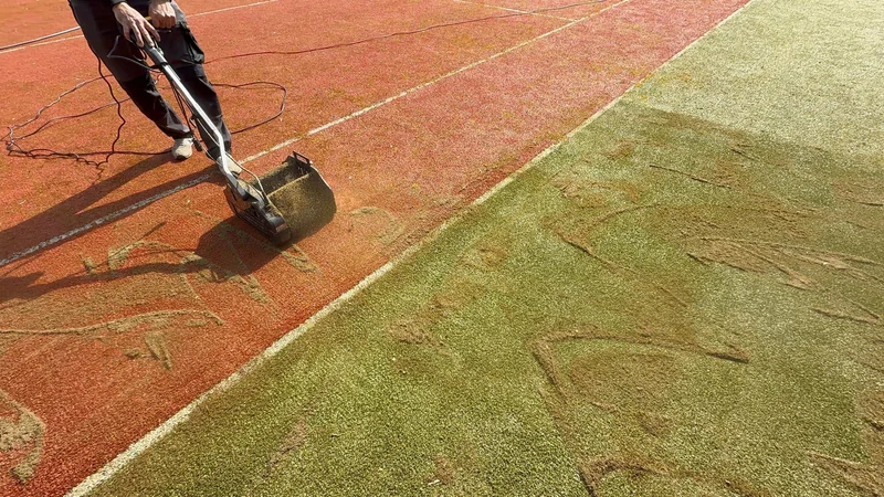 Limpieza mecánica sobre la superficie roja y verde de una pista de tenis